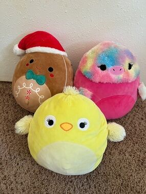Squishmallows Yellow Chick, Pink Rainbow Pig, Brown Gingerbread Plush Trio